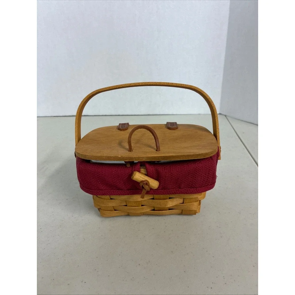 Longaberger Woven Wood Basket Burgundy Liner Wood Lid Divided Protector‎ Set